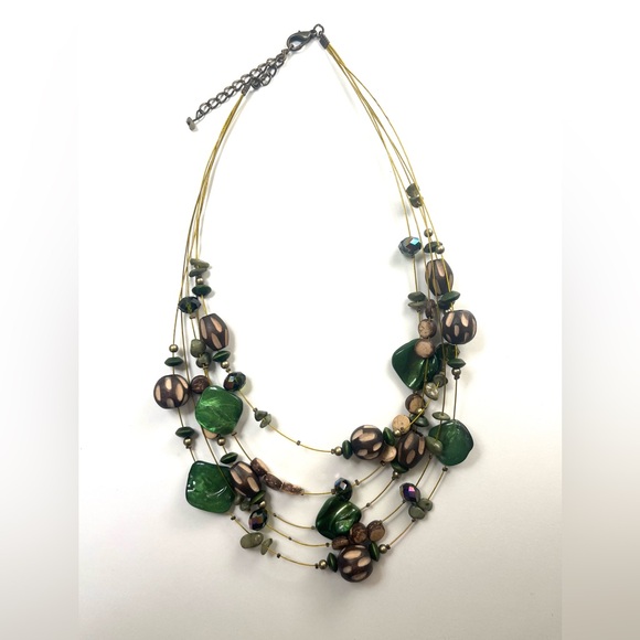 Jewelry - NWOT MULTI STRAND GREEN & WOODEN BEADS W/ CRYSTAL ACCENTS